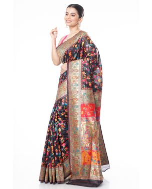 BLACK PATOLA SAREE WITH FLORAL THREADWORK AND INTERWOVEN ZARI WORK & MATCHING BLOUSE PIECE