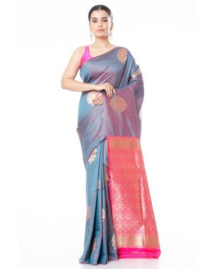 BLUE (DUAL TONE) KATAN SILK WITH ZARI BUTA ALL OVER, PINK CONTRAST ZARI PALLU WITH CONTRAST PINK BLOUSE PIECE