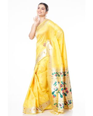 YELLOW PAITHANI SILK WITH ALL OVER ZARI BUTA CONTRAST ZARI PALLU AND BORDER WITH MATCHING BLOUSE PIECE