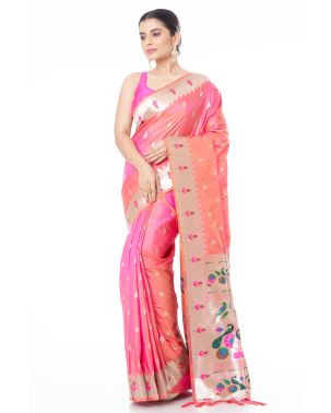 PINK (DUAL TONE) PAITHANI SILK WITH ALL OVER ZARI BUTA CONTRAST ZARI PALLU AND BORDER WITH MATCHING BLOUSE PIECE