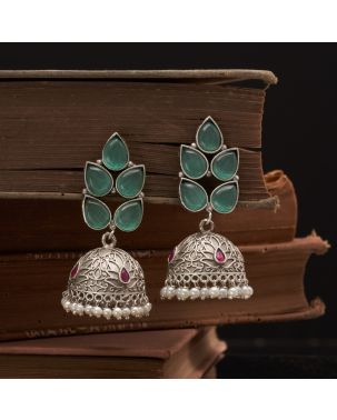 OXIDISED SILVER JHUMKA EARRING WITH CASCADING GREEN TEARDROP STONES, FLORAL MOTIF & DELICATE PEARL DROPS