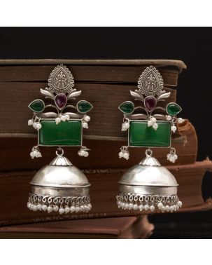 OXIDISED SILVER JHUMKA EARRINGS WITH GREEN & MAROON STONES