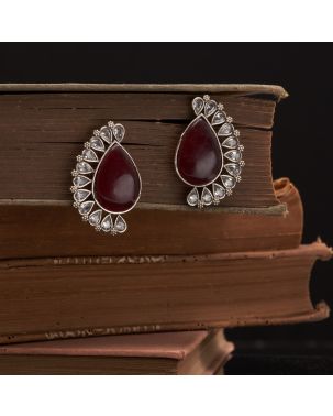 DEEP MAROON TEARDROP STONE WITH WHITE STONE SETTING OXIDISED SILVER EARRING