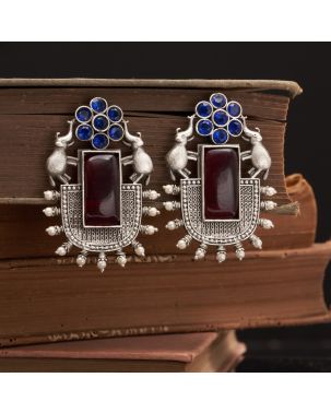 RICH MAROON & BLUE STONE SETTING ELEPHANT DESIGN OXIDISED SILVER EARRING