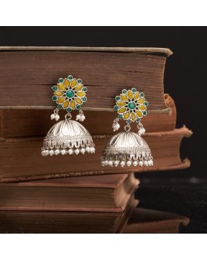 YELLOW & GREEN STONE OXIDISED JHUMKA IN FLORAL DESIGN WITH PEARL ACCENT 