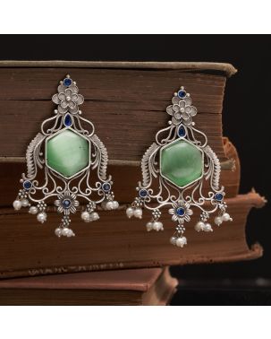 OXIDISED SILVER FILIGREE EARRING WITH GREEN & BLUE STONES