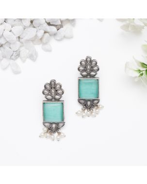 TURQUOISE SQUARE SILVER EARRINGS WITH FLORAL DESIGN