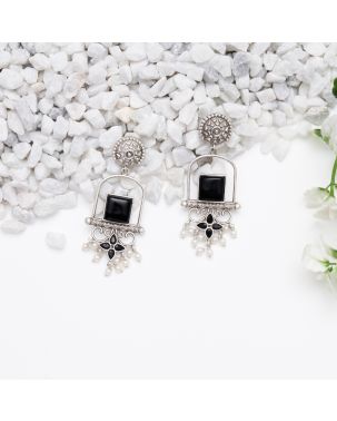 BLACK STONE DANGLER EARRINGS WITH ORNATE SILVER DESIGN