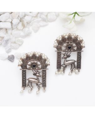 ANTIQUE SILVER EARRINGS WITH DEER & FLORAL MOTIF