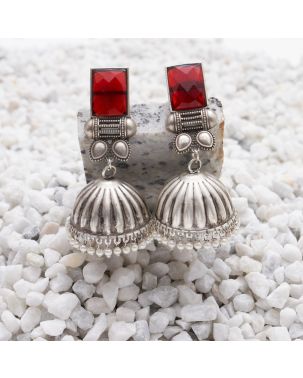 SILVER JHUMKA EARRING WITH RED STONE ACCENT