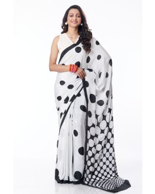 WHITE BODY BLACK POLKA DOTTED MARBLE CHIFFON SAREE, WITH CONTRAST BLACK BLOUSE PIECE