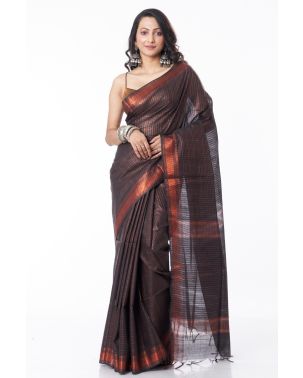 BLACK BODY ALL OVER COPPER SMART CHECKS, COPPER ZARI BORDER WITH FLORAL PRINTED BLOUSE PIECE