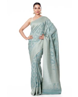 SEA FOAM GREEN KHADDI BANARASI WITH ZARI BORDER AND PALLU WITH MATCHING ZARI WOVEN BLOUSE PIECE