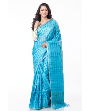 SAPPHIRE BLUE TUSSAR, SELF CHECKS WITH NARROW GOLD ZARI BORDER & MATCHING BLOUSE PIECE