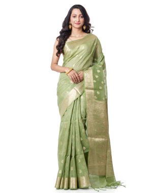 PISTA GREEN LINEN BANARASI WITH ALL OVER ZARI BUTA, ZARI BORDER WITH MATCHING ZARI BUTA BLOUSE PIECE