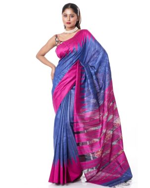 BERRY BLUE GHICHHA ,TEMPLE BORDER WITH IKKAT PALLU, CONTRAST BLOUSE PIECE