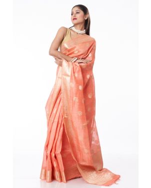 PEACH LINEN BANARASI WITH ALL OVER ZARI BUTA, ZARI BORDER WITH MATCHING ZARI BUTA BLOUSE PIECE