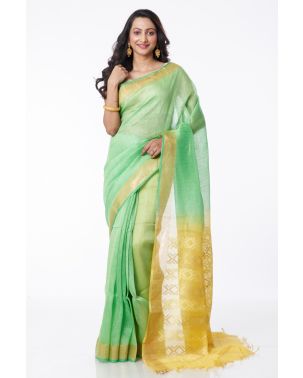 GREEN & LEMON OMBRE LINEN SAREE, CONTRAST PALLU, ZARI BORDER WITH CONTRAST BLOUSE PIECE