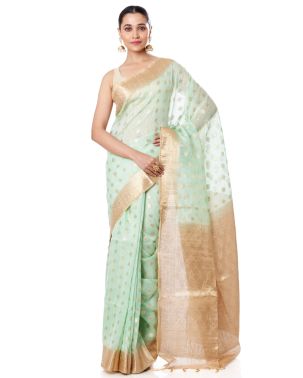 MINT GREEN BODY LINEN BANARASI WITH ALL OVER ZARI BUTA, CONTRAST BORDER, AND CONTRAST BLOUSE PIECE