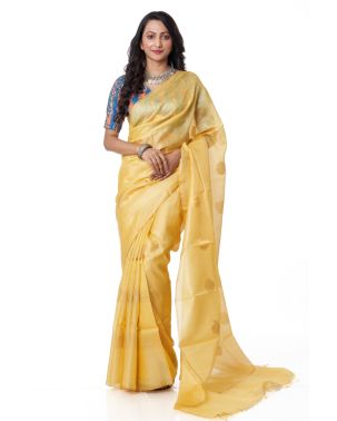 LIGHT GOLD PURE TUSSAR, WITH GOLD BUTA & NARROW GOLD BORDER, WITH MATCHING BLOUSE PIECE