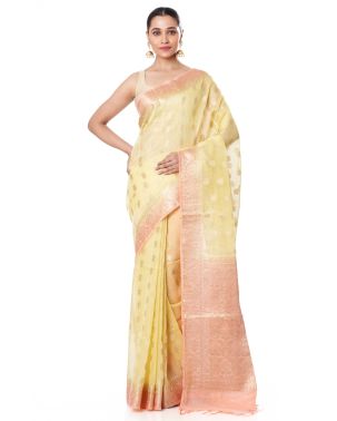 LEMON YELLOW & PEACH LINEN BANARASI WITH ALL OVER ZARI BUTA, CONTRAST BORDER, AND CONTRAST BLOUSE PIECE