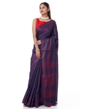 PLUM COLOUR GHICHA SILK SAREE WITH ALL OVER RED THREADWORK & MATCHING BLOUSE PIECE