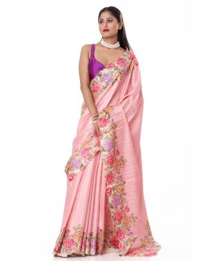 FLORAL PRINTED SCALLOP BORDER PASTEL PINK SILK SAREE WITH FLORAL PRINTED BLOUSE PIECE