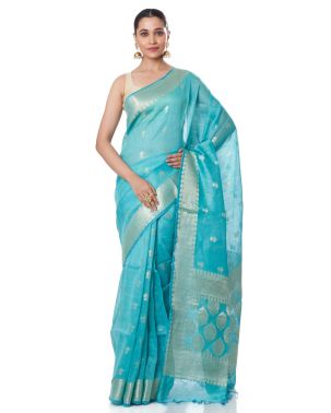 AQUA BLUE LINEN BANARASI WITH ALL OVER ZARI BUTA, ZARI BORDER, AND MATCHING BLOUSE PIECE