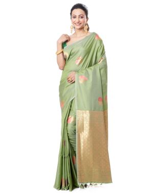 PISTA GREEN KATAN SILK WITH ALL OVER ZARI BUTA, MATCHING ZARI SMALL BUTA BLOUSE PIECE