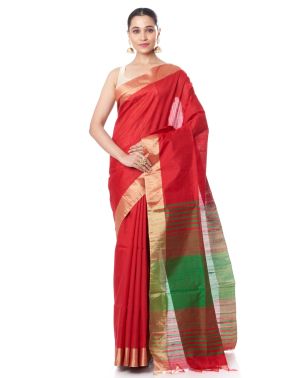 RED GHICHHA TUSSAR, GREEN CONTRAST PALLU & ZARI BORDER WITH GREEN CONTRAST BLOUSE PIECE