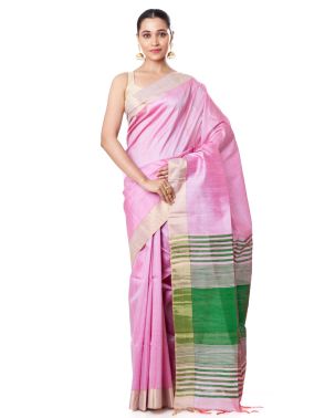 PINK GHICHHA TUSSAR, GREEN CONTRAST PALLU & ZARI BORDER WITH GREEN CONTRAST BLOUSE PIECE