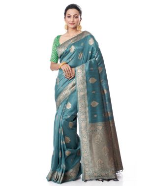 PINE GREEN BISHNUPURI TUSSAR SILK, CONTRAST PALLU & BORDER, MATCHING BROCADE BLOUSE PIECE