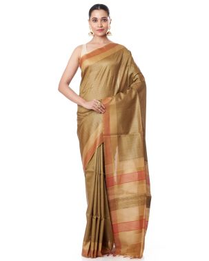 MUGA TUSSAR SILK ALL OVER SELF THREADWORK, CONTRAST PALLU & BORDER, MATCHING BLOUSE PIECE