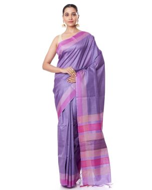 LIGHT PURPLE TUSSAR SILK ALL OVER SELF THREADWORK, CONTRAST PALLU & BORDER, MATCHING BLOUSE PIECE