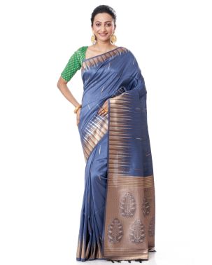 STEEL GREY GICHHA TUSSAR WITH ZARI THREADWORK, ZARI PALLU & MATCHING BLOUSE PIECE