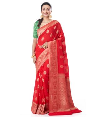 RED KHADDI BANARASI WITH ALL OVER ZARI BUTA, ZARI BORDER AND PALLU WITH MATCHING BLOUSE PIECE