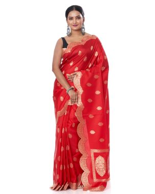 RED KATAN SILK SAREE WITH SCALLOP BORDER, MATCHING BLOUSE PIECE