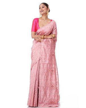 PINK TUSSAR SAREE WITH CUTWORK AND ALLOVER SELF THREADWORK AND MATCHING BLOUSE PIECE