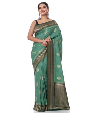 KHADDI BANARASI MOSS GREEN BODY WITH CONTRAST BORDER & PALLU WITH ZARI WOVEN DESIGN BLOUSE PIECE