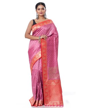 PINK BISHNUPURI TUSSAR SILK CONTRAST RED BORDER AND PALLU, MATCHING BLOUSE PIECE