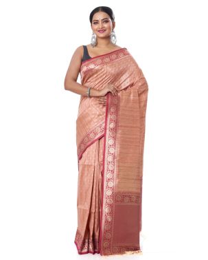 LIGHT PEACH BISHNUPURI TUSSAR SILK CONTRAST MAROON BORDER AND PALLU, MATCHING BLOUSE PIECE