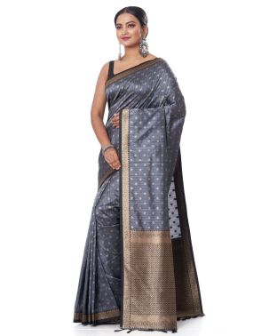 STEEL GREY BISHNUPURI TUSSAR SILK CONTRAST BLACK BORDER AND PALLU, MATCHING BLOUSE PIECE