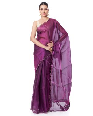 PURPLE ORGANZA SAREE WITH SCALLOP BORDER AND ZARI EMBROIDERED BLOUSE PIECE