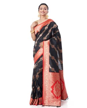 ALL OVER ZARI WORK ON BLACK TUSSAR BANARASI WITH CONTRAST BORDER AND PALLU, MATCHING BLOUSE PIECE