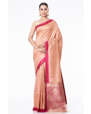 SANDALWOOD BISHNUPURI TUSSAR SILK, CONTRAST PALLU & BORDER, MATCHING BROCADE BLOUSE PIECE