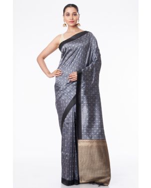 STEEL GREY BISHNUPURI TUSSAR SILK, CONTRAST BORDER & PALLU, MATCHING BROCADE BLOUSE PIECE