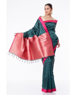 BOTTLE GREEN BISHNUPURI TUSSAR SILK, PINK CONTRAST PALLU & BORDER, MATCHING BROCADE BLOUSE PIECE