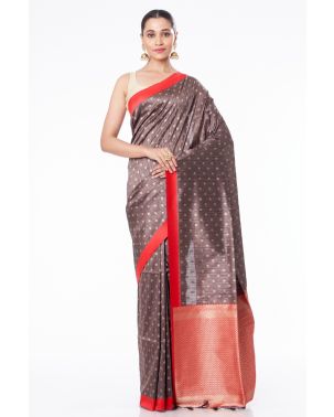 METALLIC BROWN BISHNUPURI TUSSAR SILK, CONTRAST RED BORDER & PALLU, BROCADE MATCHING BLOUSE PIECE