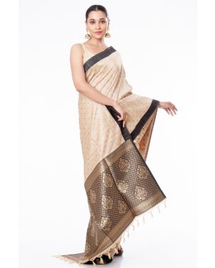 CREAM BISHNUPURI TUSSAR SILK CONTRAST BLACK BORDER & PALLU, WITH MATCHING BROCADE BLOUSE PIECE