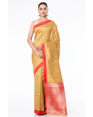 GOLDEN BISHNUPURI TUSSAR SILK ALL OVER ZARI BUTA RED CONTRAST BORDER & PALLU, MATCHING BROCADE BLOUSE PIECE